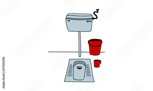 Indian Style Ground Squat Toilet Vector Sketch Illustration