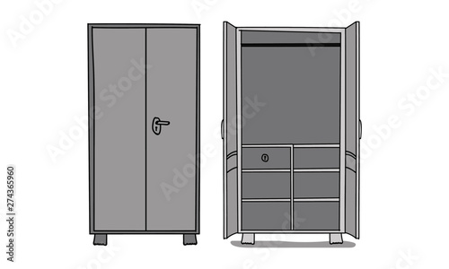 Open and Closed Steel Cupboard Closet Vector Sketch Illustration