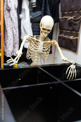 Bony skeleton assembling a black wooden shelf