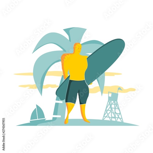 Man posing with surfboard. Palm and lifeguard tower on backdrop. Tropical island landscape