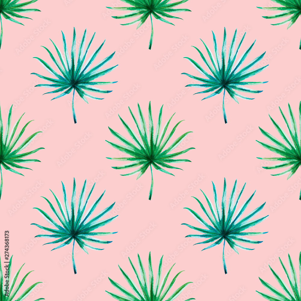 Seamless pattern from tropical leaves. Palm. Watercolor painting. Exotic plant. Natural print. Sketch drawing. Botanical composition. Greeting card. Painted background. Hand drawn illustration Seamless pattern from tropical leaves. Palm. Watercolor painting. Exotic plant. Natural print. Sketch drawing. Botanical composition. Greeting card. Painted background. Hand drawn illustration
