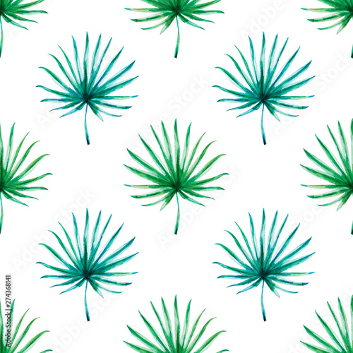Seamless pattern from tropical leaves. Palm. Watercolor painting. Exotic plant. Natural print. Sketch drawing. Botanical composition. Greeting card. Painted background. Hand drawn illustration