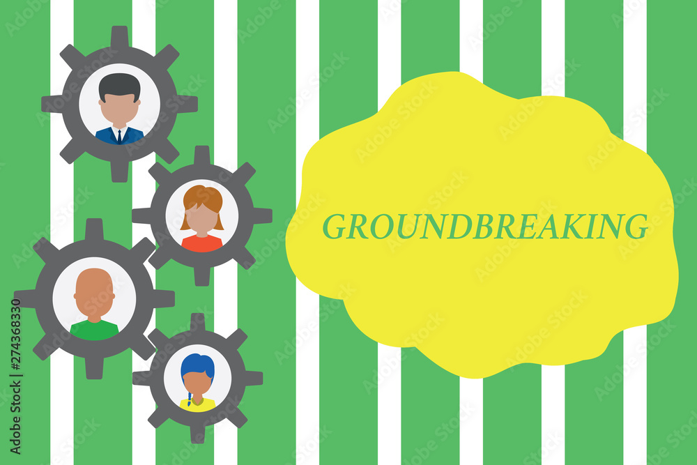 Handwriting text Groundbreaking. Conceptual photo Very new and a big change from other things of its type Gearshaped picture frame family ornament mother father daughter son photo