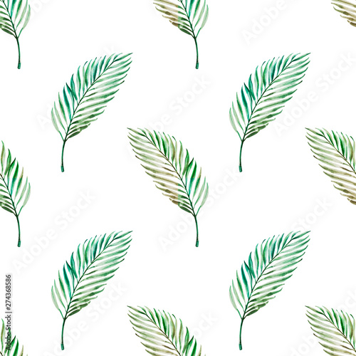 Seamless pattern from tropical leaves. Palm. Watercolor painting. Exotic plant. Natural print. Sketch drawing. Botanical composition. Greeting card. Painted background. Hand drawn illustration