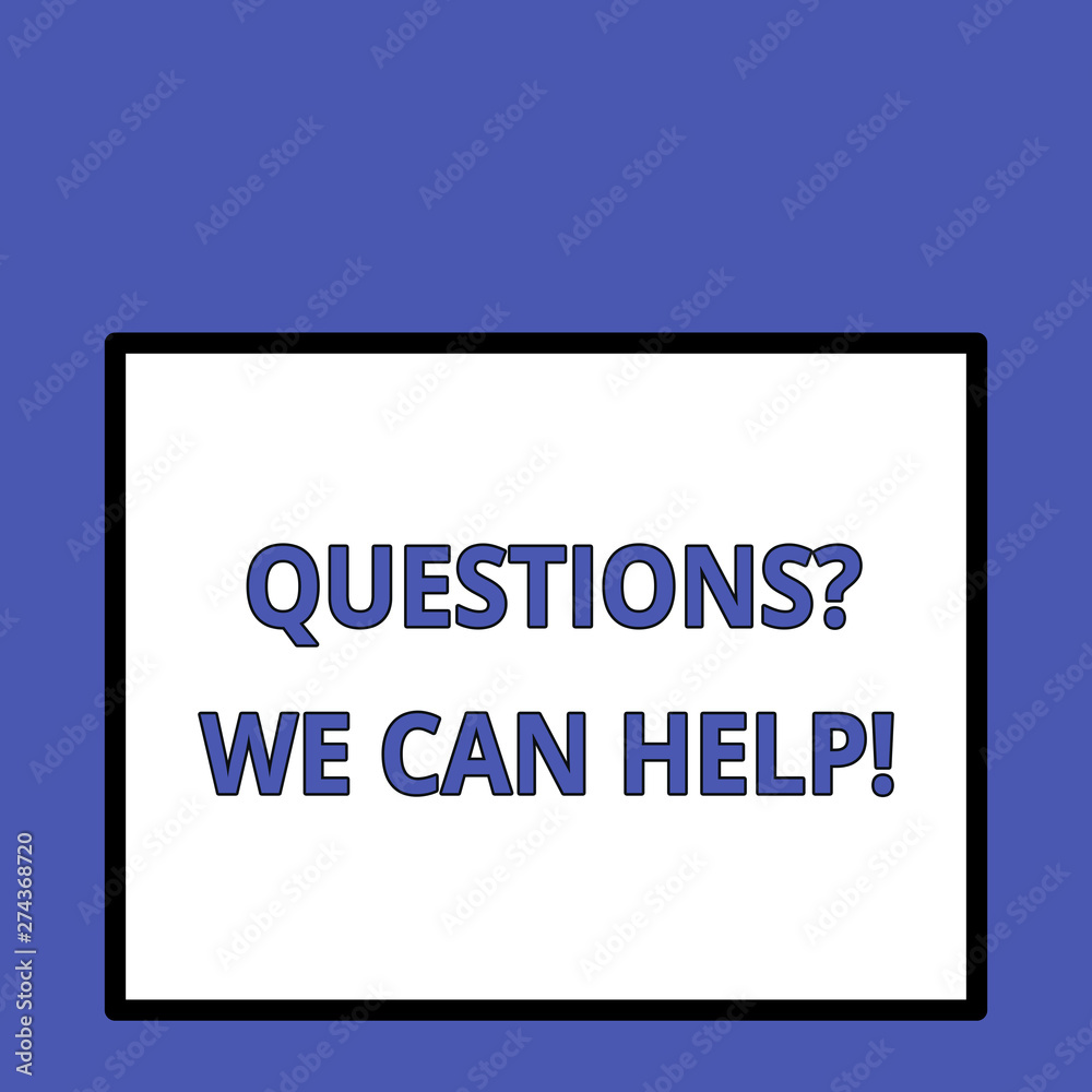 Writing note showing Questionsquestion We Can Help. Business concept for offering help to those who wants to know Front close up view big blank rectangle abstract geometrical background Writing note showing Questionsquestion We Can Help. Business concept for offering help to those who wants to know Front close up view big blank rectangle abstract geometrical background