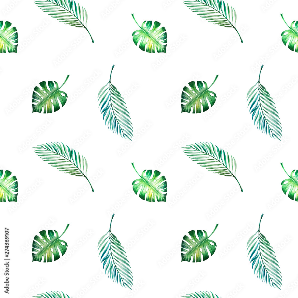 Tropical leaves seamless pattern. Monstera, palm. Watercolor painting. Exotic plant. Natural print. Sketch drawing. Botanical composition. Greeting card. Painted background. Hand drawn illustration