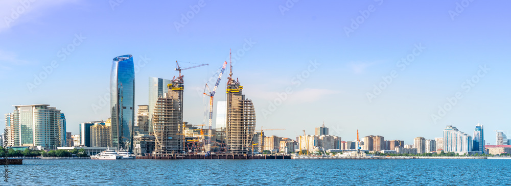 Baku, Azerbaijan - May 22, 2019: Azerbaijan, Baku City panorama skyline and caspian sea. panoramic shot.