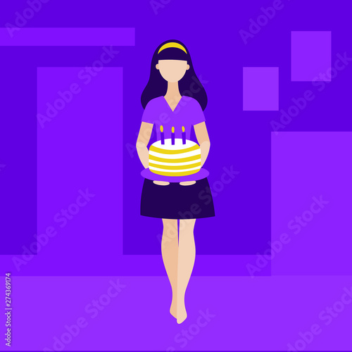 Brunette girl stands tall and holds a tray of cake. On it are three candles. Flat vector on purple background