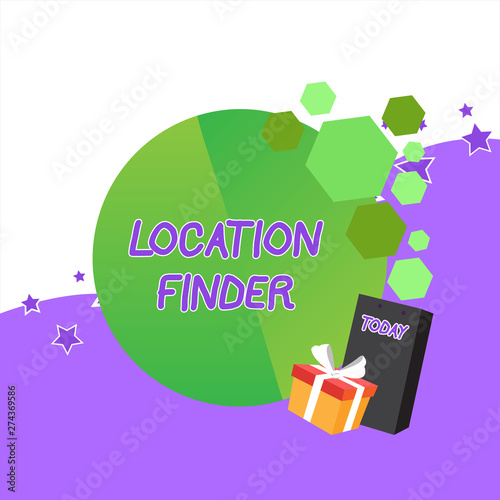 Handwriting text Location Finder. Conceptual photo A service featured to find the address of a selected place Greeting Card Poster Gift Package Presentation Box Decorated by Bowknot photo