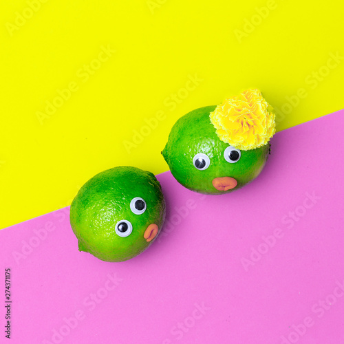 Funny Limes couple. Style creative minimal flat lay fruits colours art photo