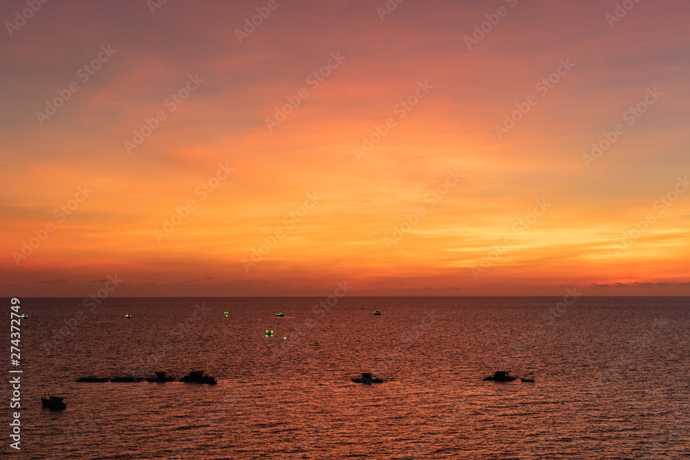 Stunning colorful sunset view in Vietnam, Phu Quok, March, 2019,	