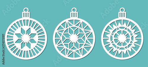 Set of patterns of Christmas balls for cutting. Christmas tree decoration for laser cutting, drawing, printing.