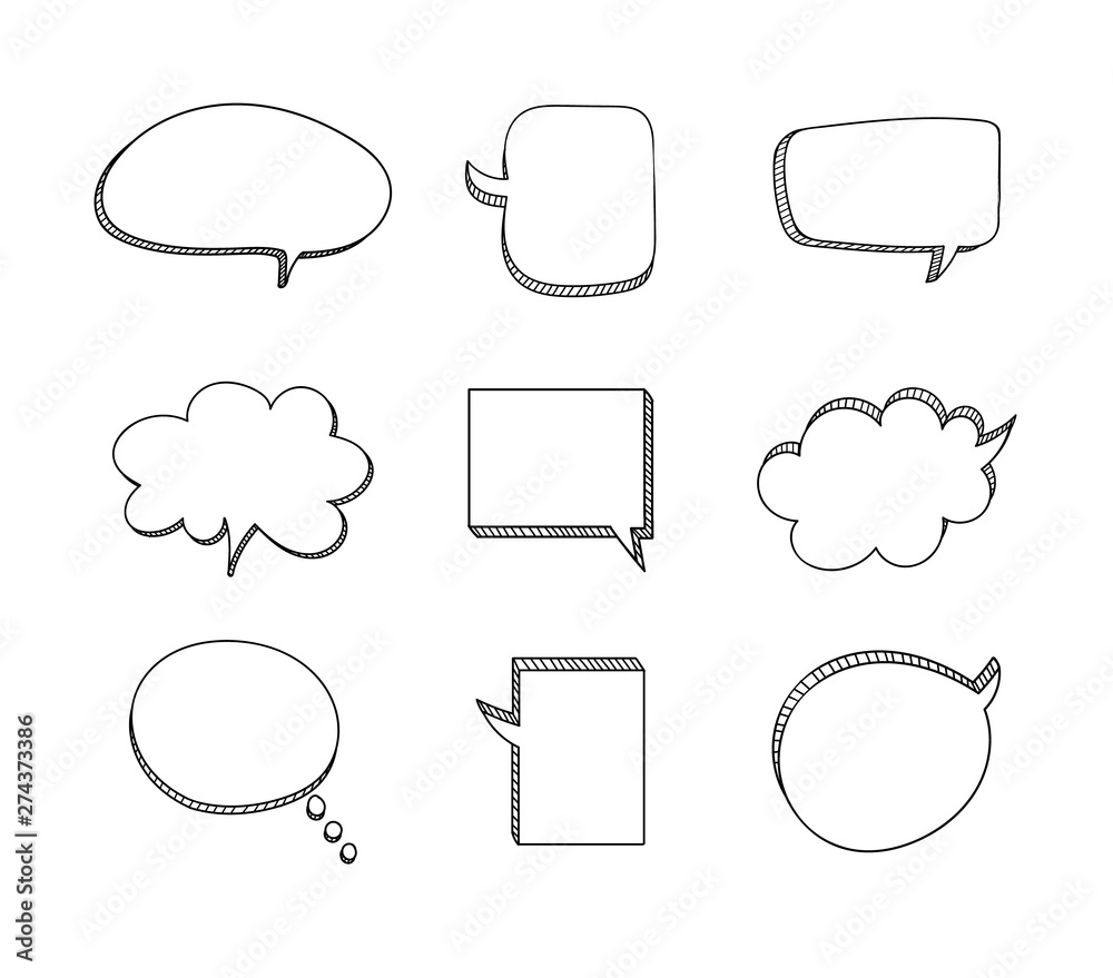 Fototapeta premium Vector Doodle Frames Set Isolated on Whtie Background, Hand Drawn Speech Bubbles Collection, Outline Drawings.