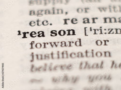 Dictionary definition of word reason  selective focus.