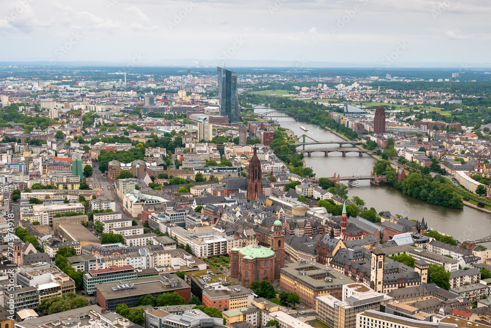 FRANKFURT, GERMANY - JUNE 10,2019: view to skyline of Frankfurt from Main Tower on a cloudy day