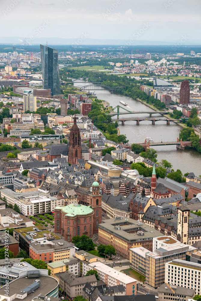 FRANKFURT, GERMANY - JUNE 10,2019: view to skyline of Frankfurt from Main Tower on a cloudy day