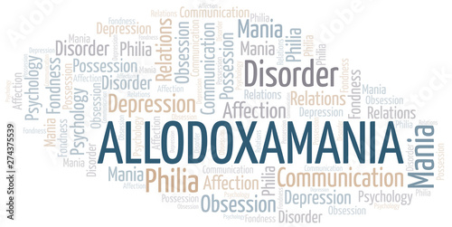 Allodoxamania word cloud. Type of mania, made with text only.