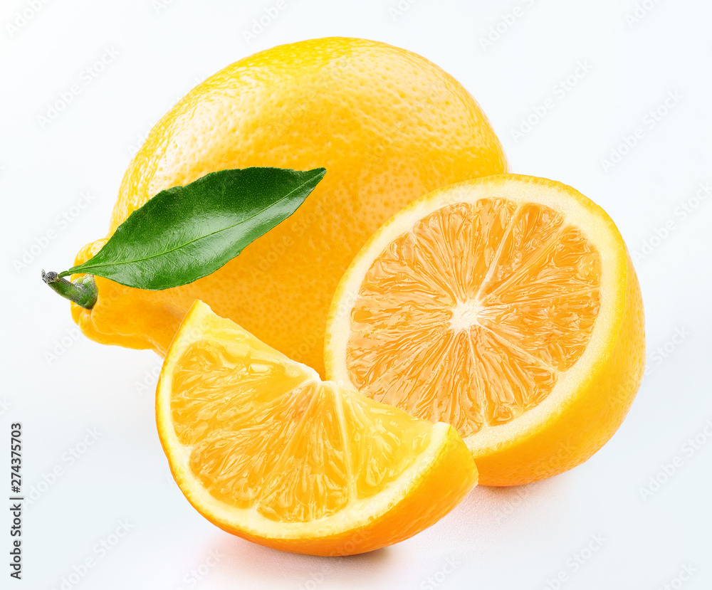 fresh lemon with slice and leaf isolated white background