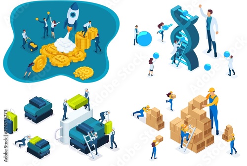 Set isometric concept startup, warehouse work, airport work, scientists study the structure of DNA. For create website and applications