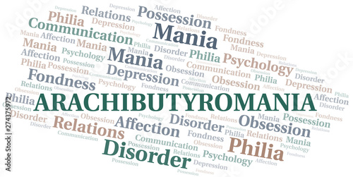 Arachibutyromania word cloud. Type of mania, made with text only.