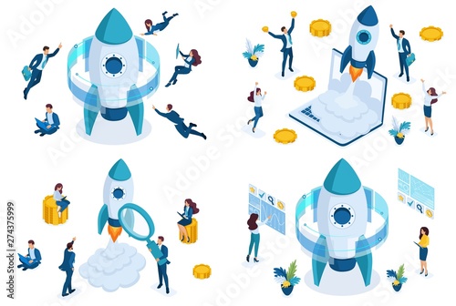 Set isometric concept startup, business projects by young entrepreneurs, rocket flying up. To create web applications