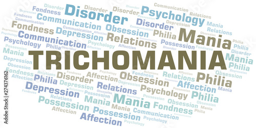 Trichomania word cloud. Type of mania, made with text only.