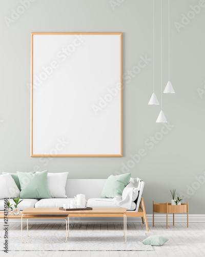 Mock up poster frame in Scandinavian style interior with sofa. Minimalist interior design. 3D illustration.