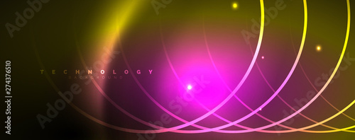 Bright neon circles and wave lines, glowing shiny background design template, digital techno concept.