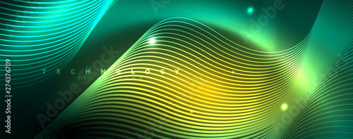 Shiny neon lines template - northern lights glowing blur lines. Futuristic style glow neon 80s disco club or night party techno template
