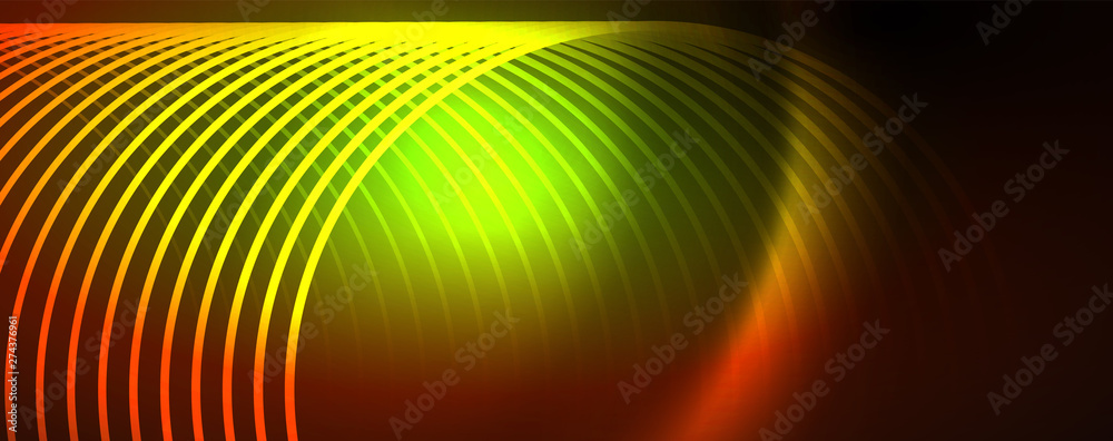 Bright neon circles and wave lines, glowing shiny background design template, digital techno concept. Bright neon circles and wave lines, glowing shiny background design template, digital techno concept.