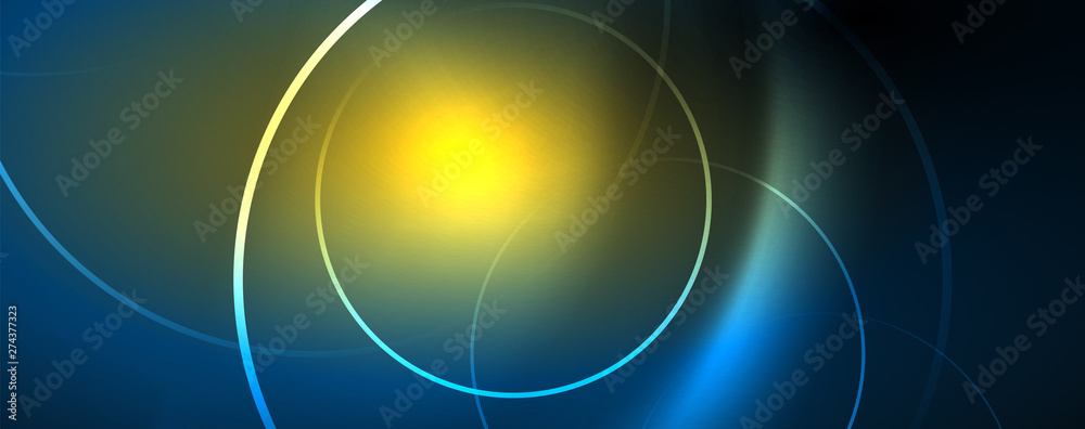 Trendy neon blue abstract design with waves and circles. Neon light glowing effect. Abstract digital background. Trendy neon blue abstract design with waves and circles. Neon light glowing effect. Abstract digital background.