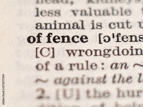 Billede på lærred Dictionary definition of word offence, selective focus.