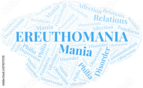 Ereuthomania word cloud. Type of mania, made with text only.