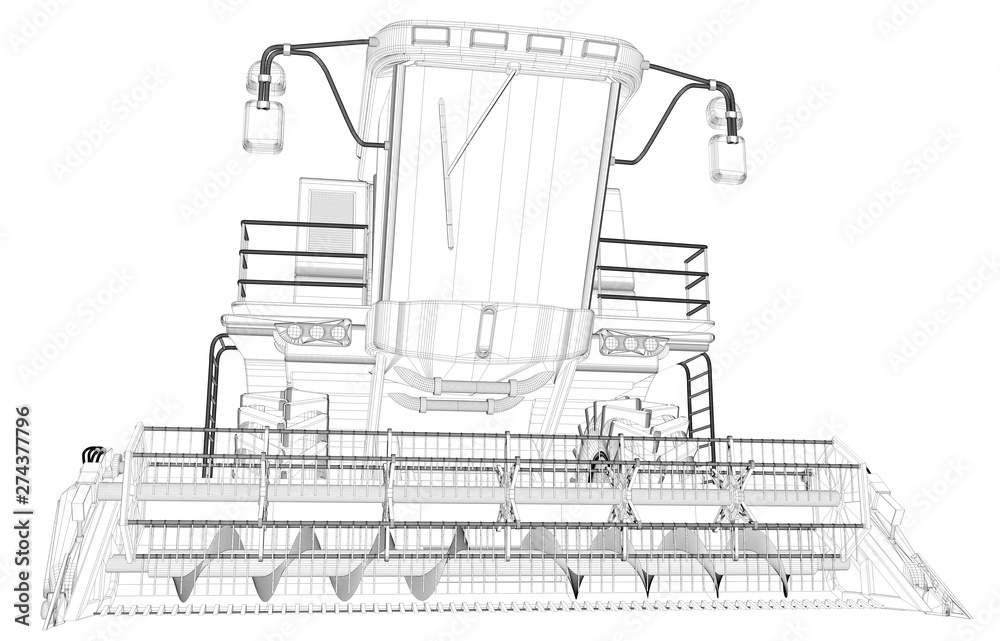 Industrial 3D illustration of thin contoured, detailed 3D model of wheat agricultural harvester isolated on white, farming equipment research concept