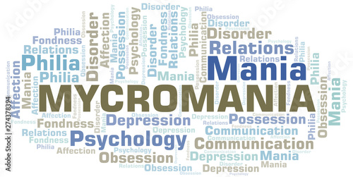 Mycromania word cloud. Type of mania, made with text only.
