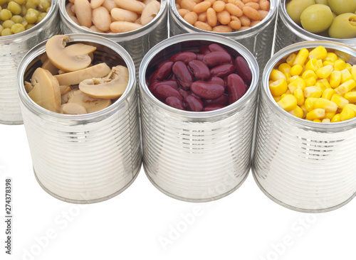 Canned food isolated on white background.