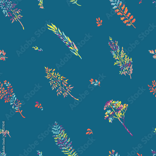 Vector seamless background with colorful watercolor illustration of herbs, plants and flowers. Can be used for wallpaper, pattern fills, web page, surface textures, textile print, wrapping paper