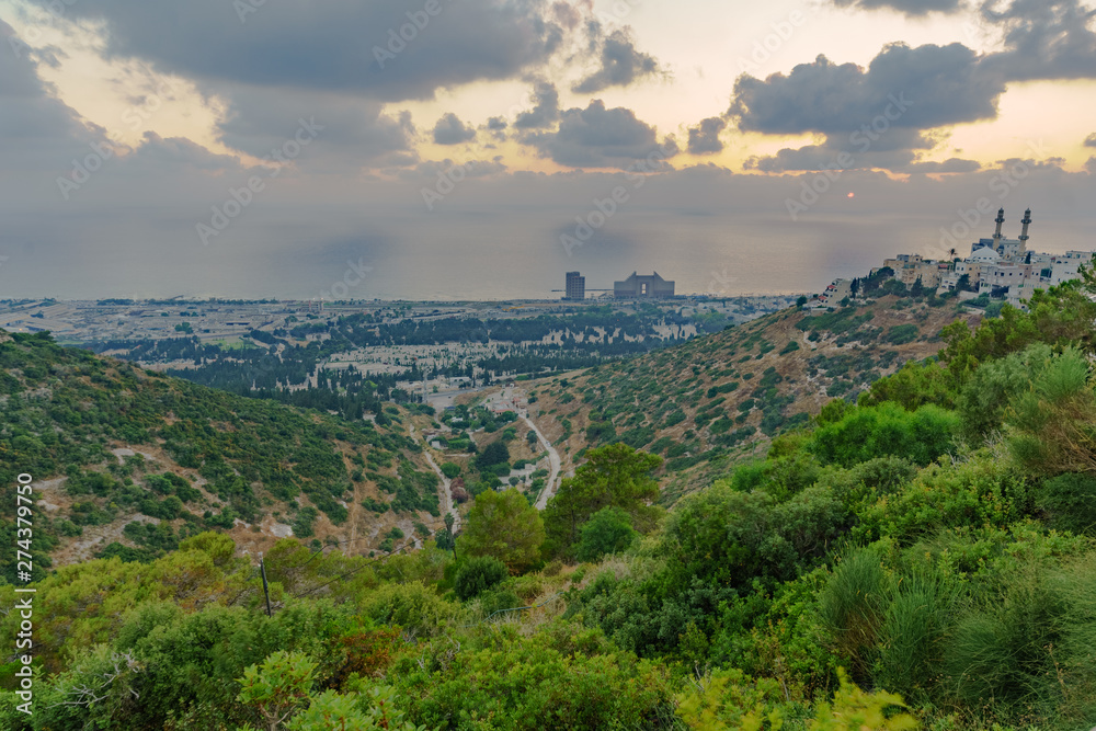 Sunset view Carmel coast, Siach valley and  Mahmud mosque, Haifa