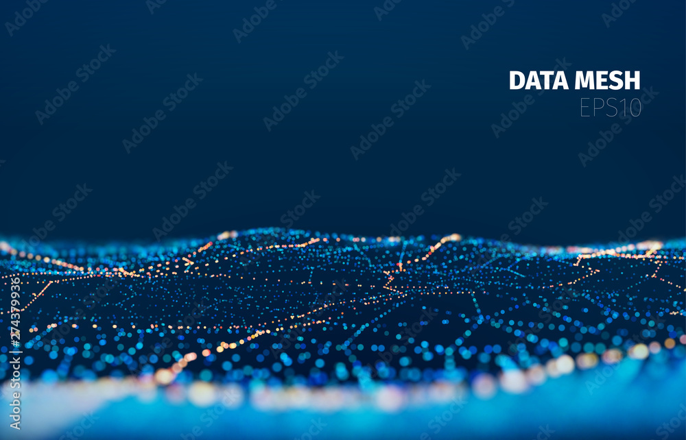 Wunschmotiv: Vector particle grid technology background. Data mesh surface. Landscape night light #2
