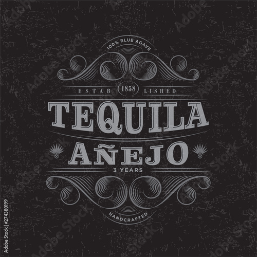 Tequila Anejo Logo. Tequila label. Premium Packaging Design. Lettering Composition and Curlicues Decorative Elements. Baroque Style.