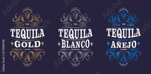 Three Tequila Labels. Tequila Premium Packaging Design. Lettering Composition and Curlicues Decorative Elements. Baroque Style.
