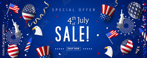 Banner for 4th of July Sale design. Independence day sale with 3d percent symbol. Vector illustration for business promotion.
