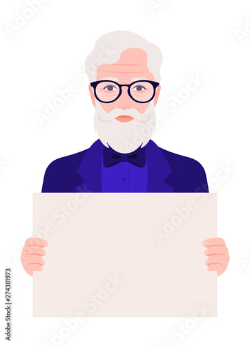 Elderly man holding a blank poster without text. Protest and protection of rights. Fashion professor. Meeting and demonstration. Vector flat illustration