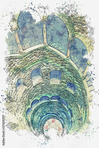 Watercolor sketch or illustration. Initiatic Well in Sintra in Portugal. Ancient underground tower with stone steps. photo