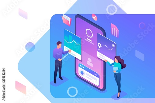 Isometric young people stand near the mobile phone screen, testing the program and mobile application. Concept for web design