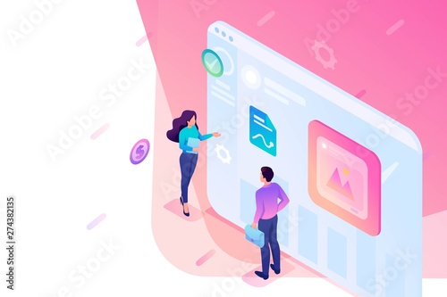 Isometric young people stand at the screen, creating presentations and web design. Concept for web design