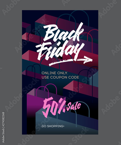 Black Friday sale inscription design template. Shopping bags background.