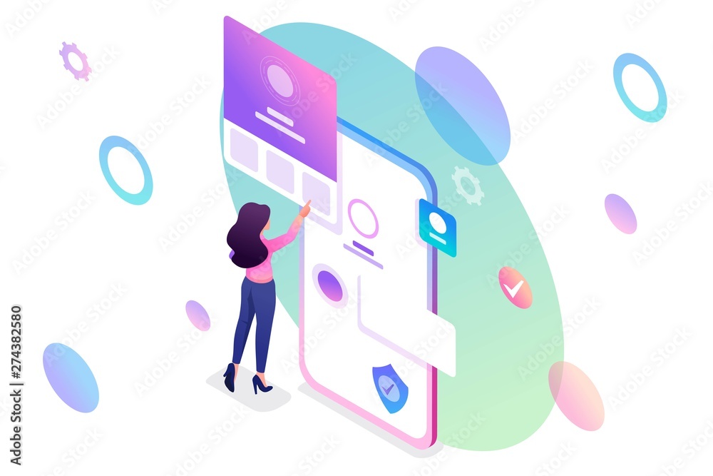 Isometric young girl with mobile phone, filling in the profile of the mobile account. Concept for web design Isometric young girl with mobile phone, filling in the profile of the mobile account. Concept for web design