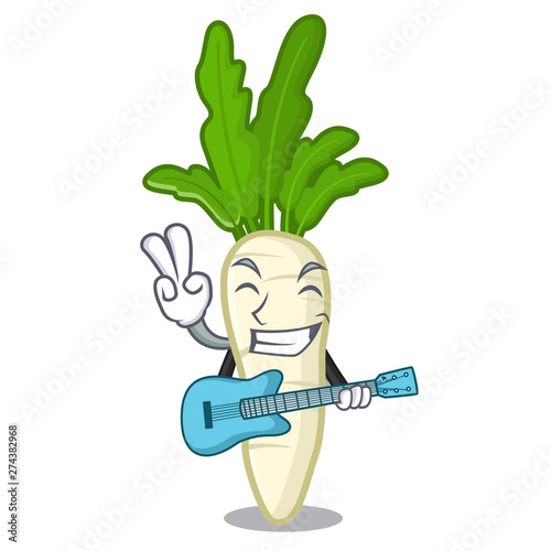 With guitar radish white in a cartoon basket
