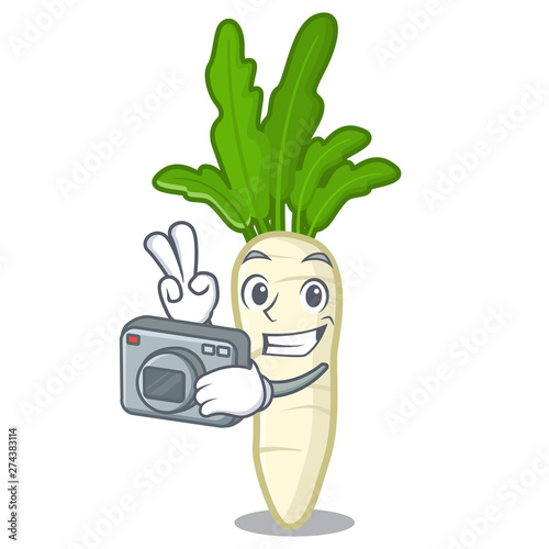 Photographer radish white in a cartoon basket